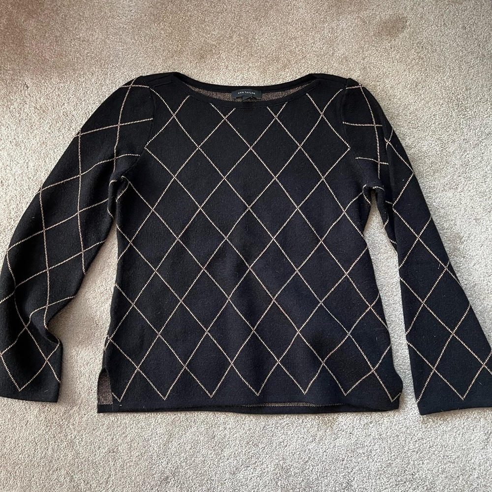 Ann Taylor Windowpane Sweater black and tan Medium